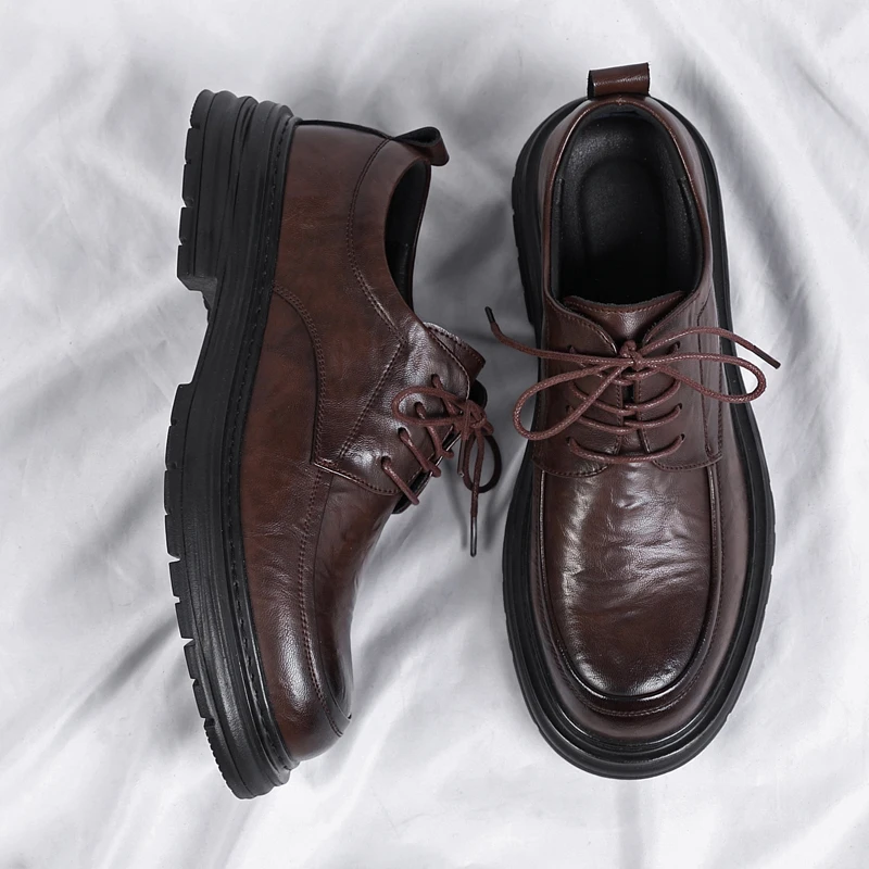 Spring New Lace Up Oxford Shoes High-quality Men's Comfortable Genuine Leather British Thick Soled Business Dress Leather Shoes