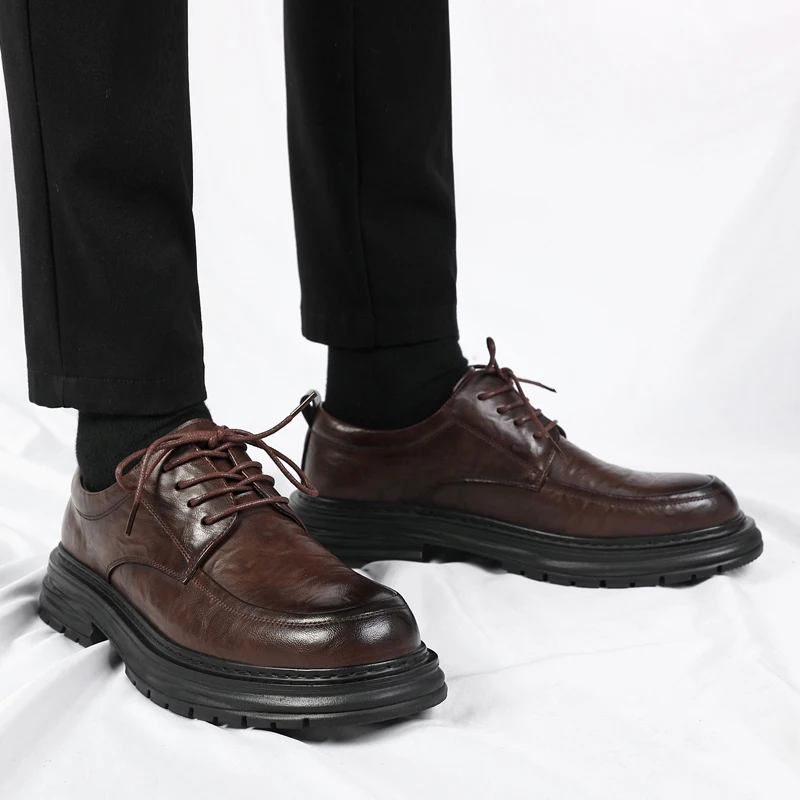 Spring New Lace Up Oxford Shoes High-quality Men's Comfortable Genuine Leather British Thick Soled Business Dress Leather Shoes