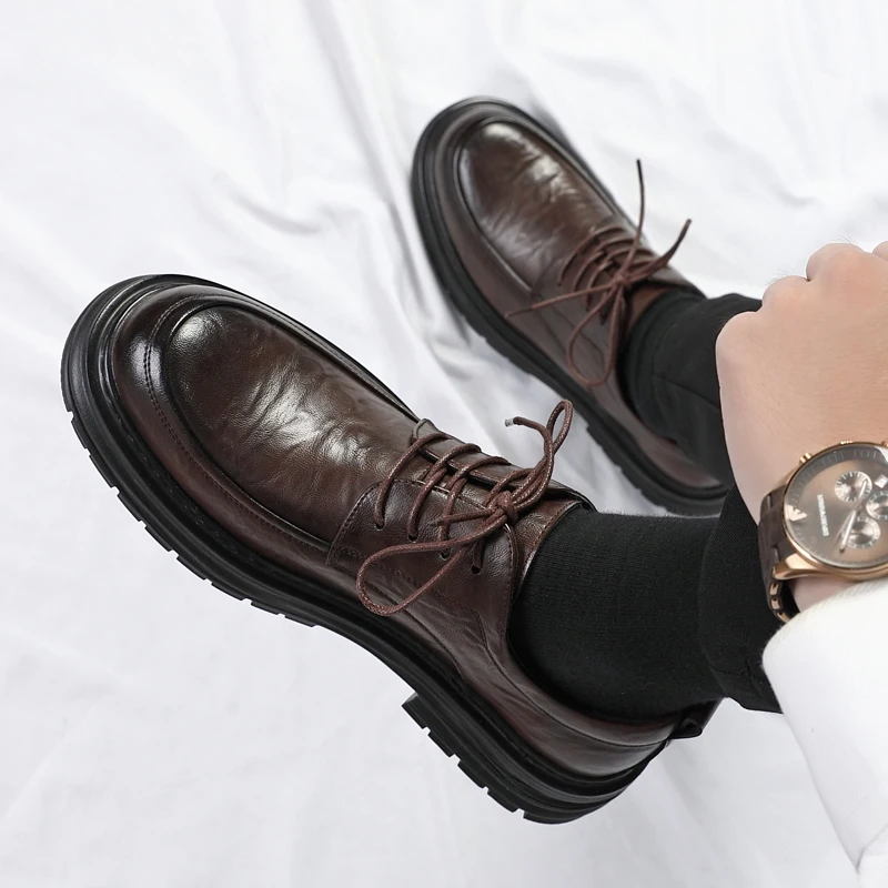 Spring New Lace Up Oxford Shoes High-quality Men's Comfortable Genuine Leather British Thick Soled Business Dress Leather Shoes