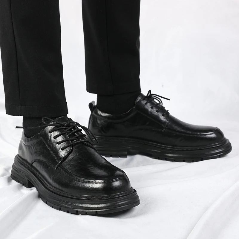 Spring New Lace Up Oxford Shoes High-quality Men's Comfortable Genuine Leather British Thick Soled Business Dress Leather Shoes