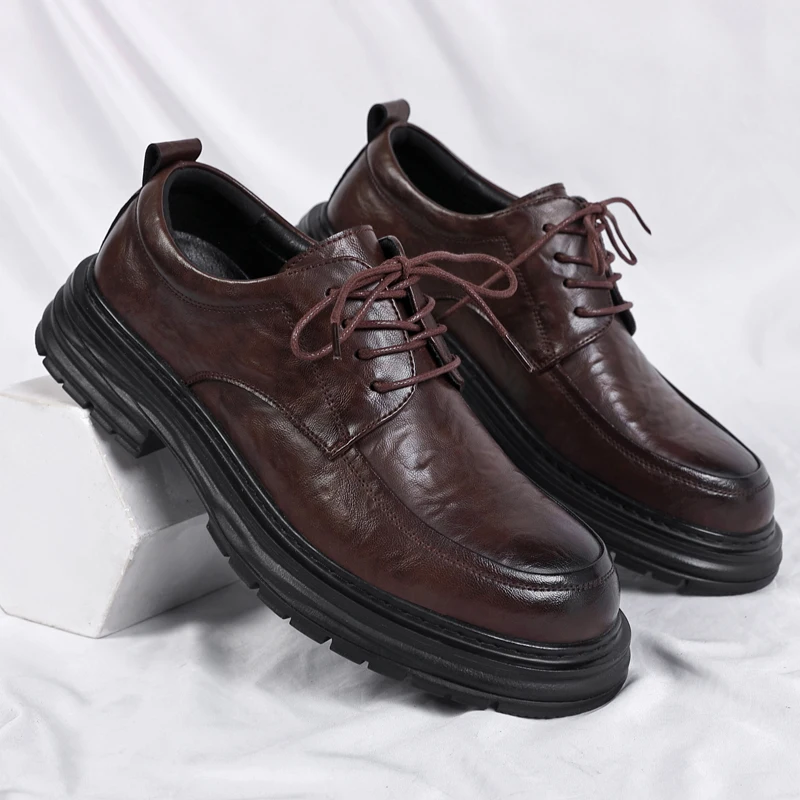 Spring New Lace Up Oxford Shoes High-quality Men's Comfortable Genuine Leather British Thick Soled Business Dress Leather Shoes