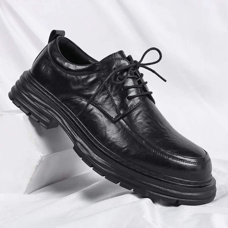 Spring New Lace Up Oxford Shoes High-quality Men's Comfortable Genuine Leather British Thick Soled Business Dress Leather Shoes
