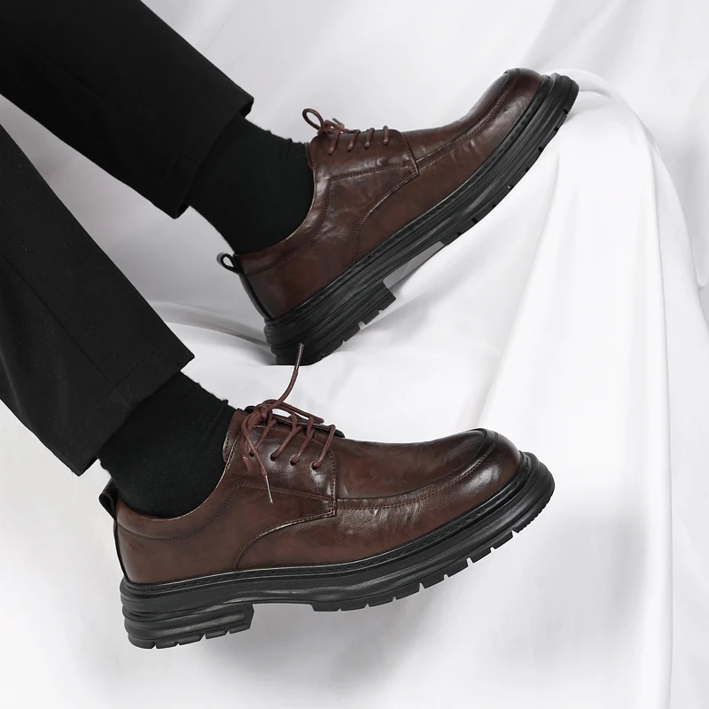 Spring New Lace Up Oxford Shoes High-quality Men's Comfortable Genuine Leather British Thick Soled Business Dress Leather Shoes