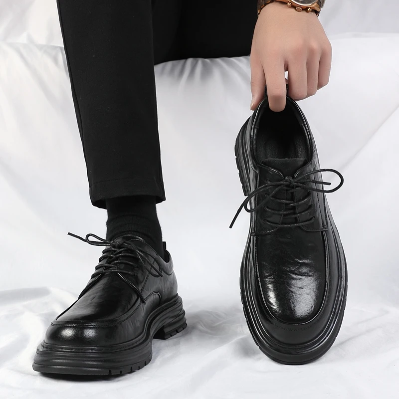 Spring New Lace Up Oxford Shoes High-quality Men's Comfortable Genuine Leather British Thick Soled Business Dress Leather Shoes