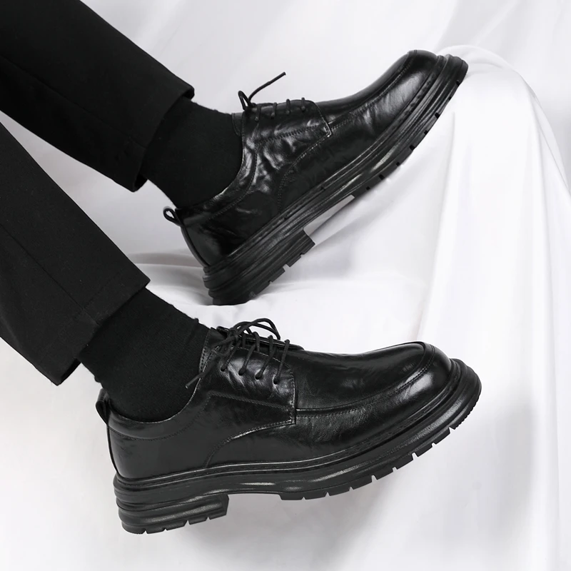 Spring New Lace Up Oxford Shoes High-quality Men's Comfortable Genuine Leather British Thick Soled Business Dress Leather Shoes