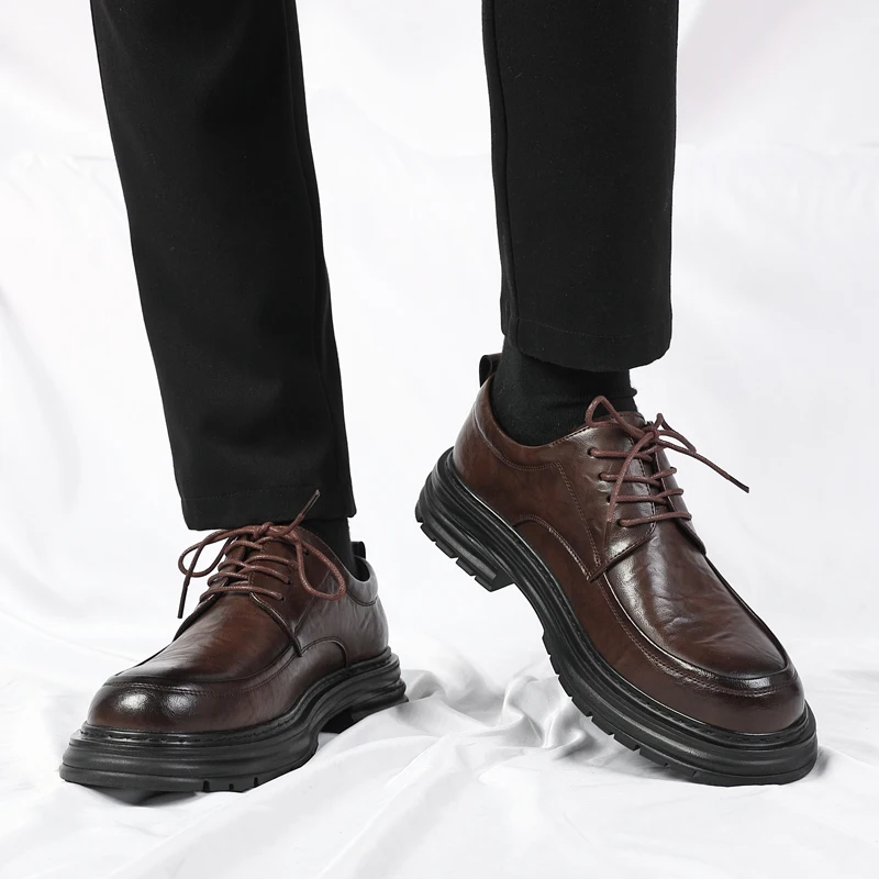 Spring New Lace Up Oxford Shoes High-quality Men's Comfortable Genuine Leather British Thick Soled Business Dress Leather Shoes