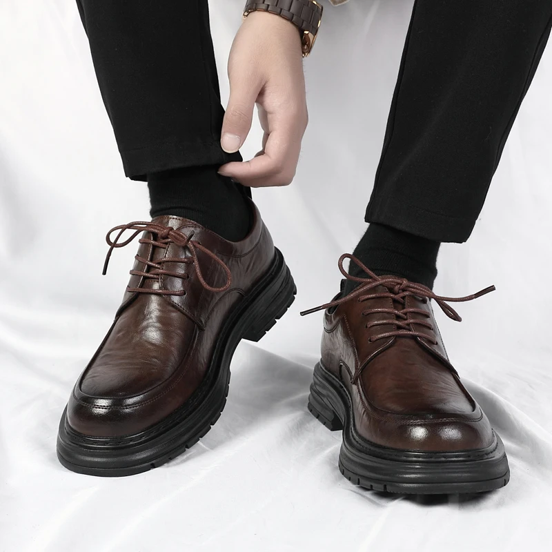 Spring New Lace Up Oxford Shoes High-quality Men's Comfortable Genuine Leather British Thick Soled Business Dress Leather Shoes