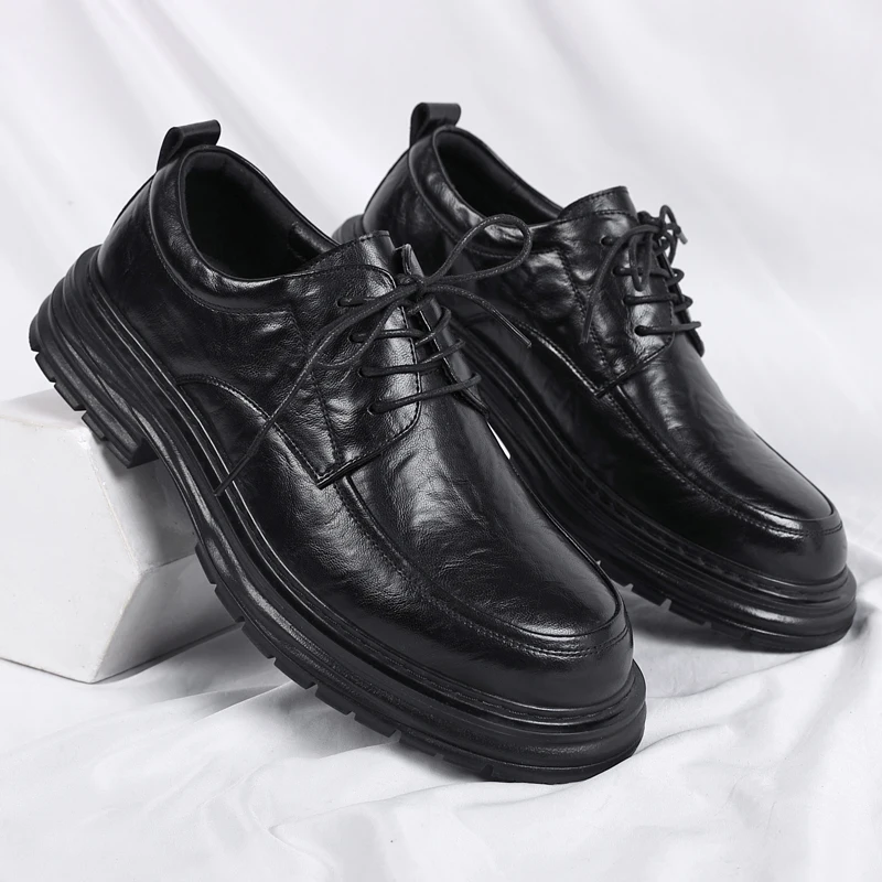 Spring New Lace Up Oxford Shoes High-quality Men's Comfortable Genuine Leather British Thick Soled Business Dress Leather Shoes