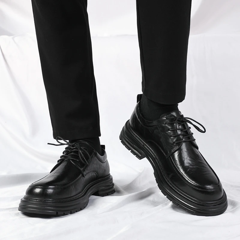 Spring New Lace Up Oxford Shoes High-quality Men's Comfortable Genuine Leather British Thick Soled Business Dress Leather Shoes