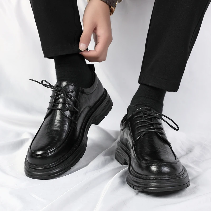 Spring New Lace Up Oxford Shoes High-quality Men's Comfortable Genuine Leather British Thick Soled Business Dress Leather Shoes