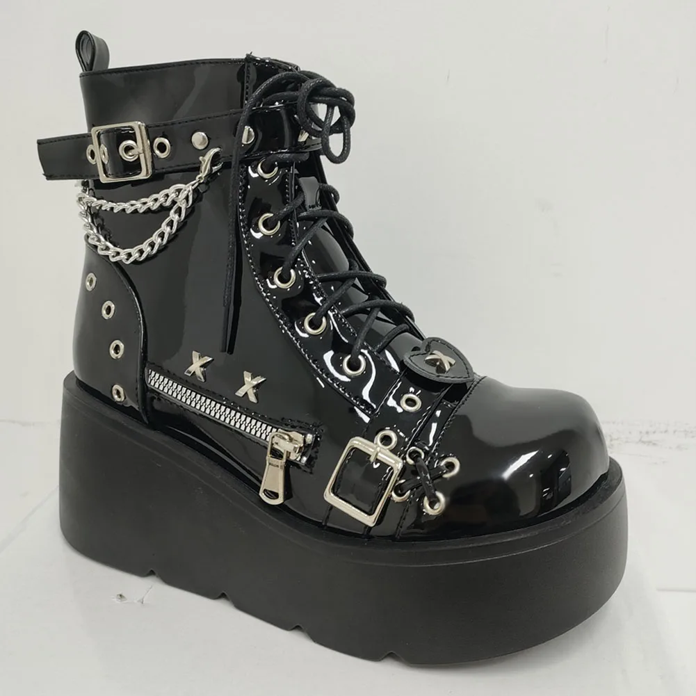 Brand New Ladies Goth Platform Ankle Boots Fashion Buckle Zip Rivet Punk Wedges High Heels Womens Boots Party Street Woman Shoes