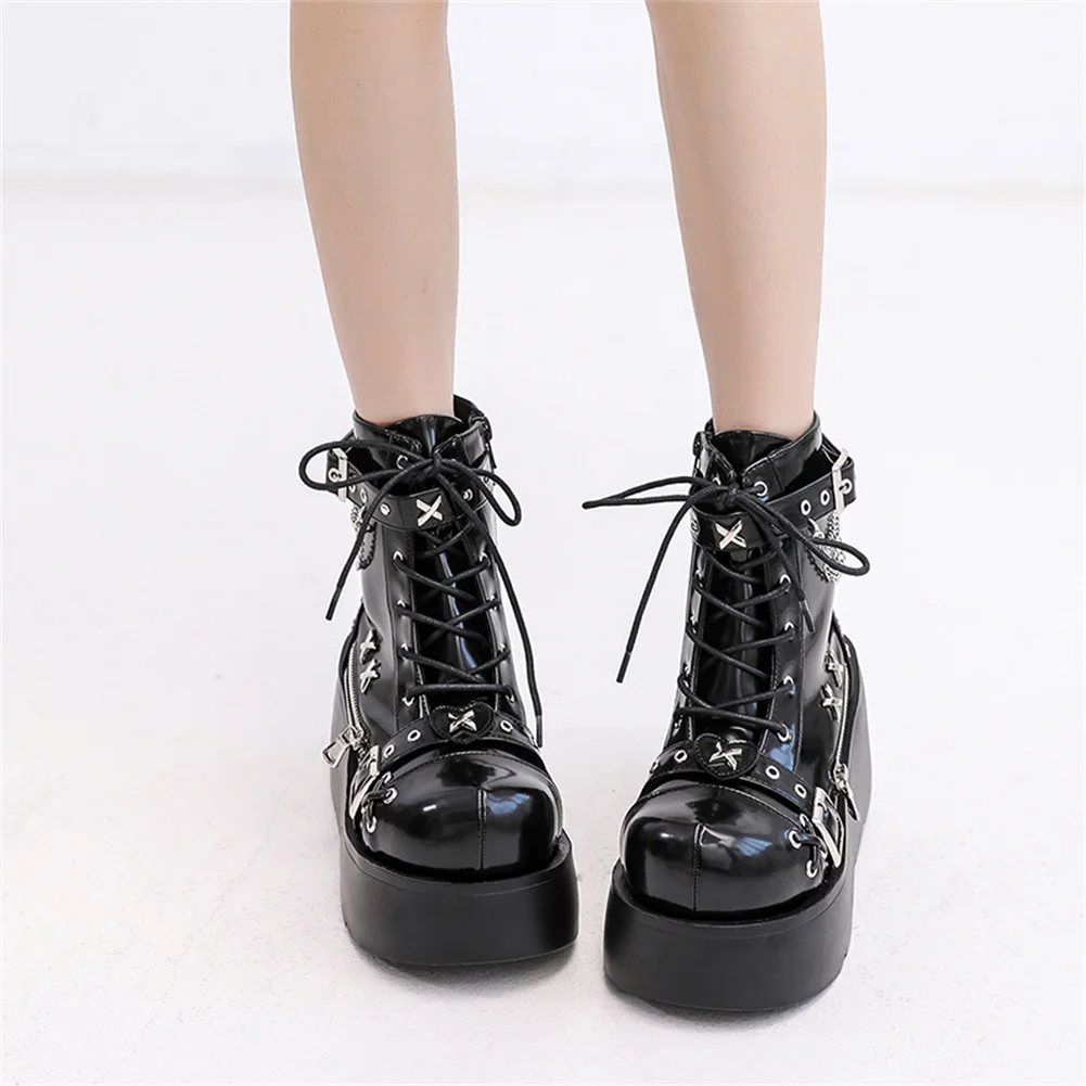 Brand New Ladies Goth Platform Ankle Boots Fashion Buckle Zip Rivet Punk Wedges High Heels Womens Boots Party Street Woman Shoes