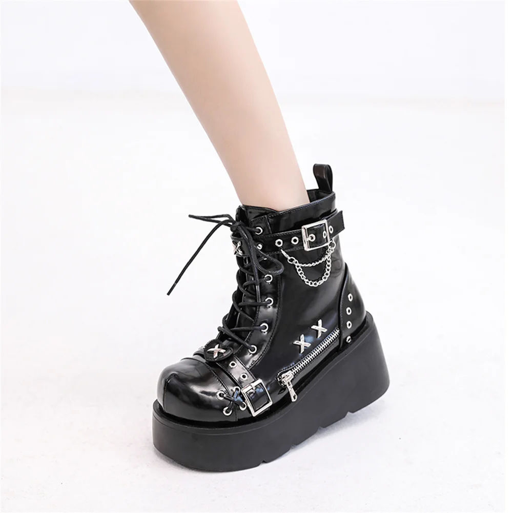 Brand New Ladies Goth Platform Ankle Boots Fashion Buckle Zip Rivet Punk Wedges High Heels Womens Boots Party Street Woman Shoes