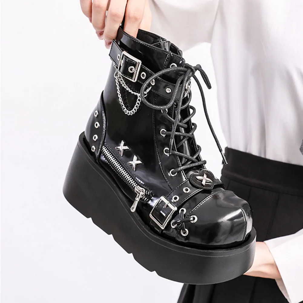 Brand New Ladies Goth Platform Ankle Boots Fashion Buckle Zip Rivet Punk Wedges High Heels Womens Boots Party Street Woman Shoes