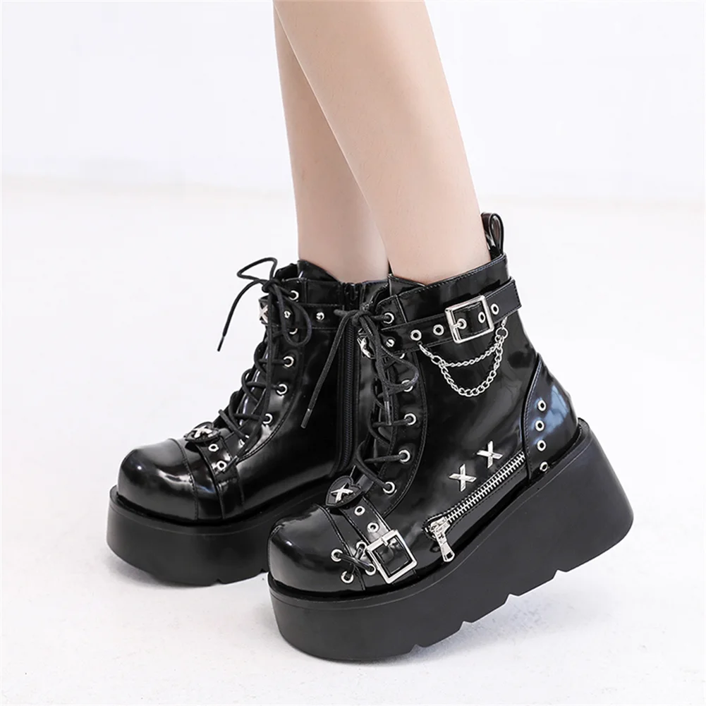 Brand New Ladies Goth Platform Ankle Boots Fashion Buckle Zip Rivet Punk Wedges High Heels Womens Boots Party Street Woman Shoes