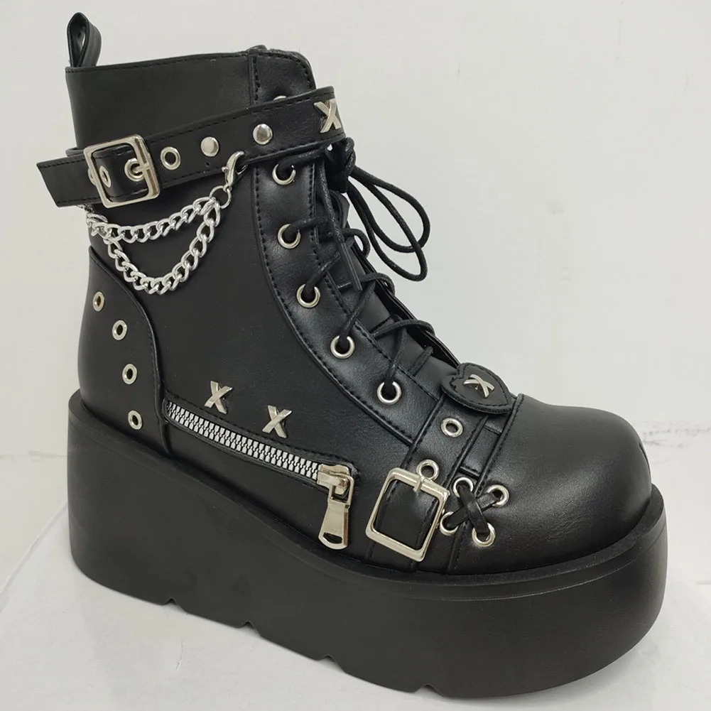 Brand New Ladies Goth Platform Ankle Boots Fashion Buckle Zip Rivet Punk Wedges High Heels Womens Boots Party Street Woman Shoes