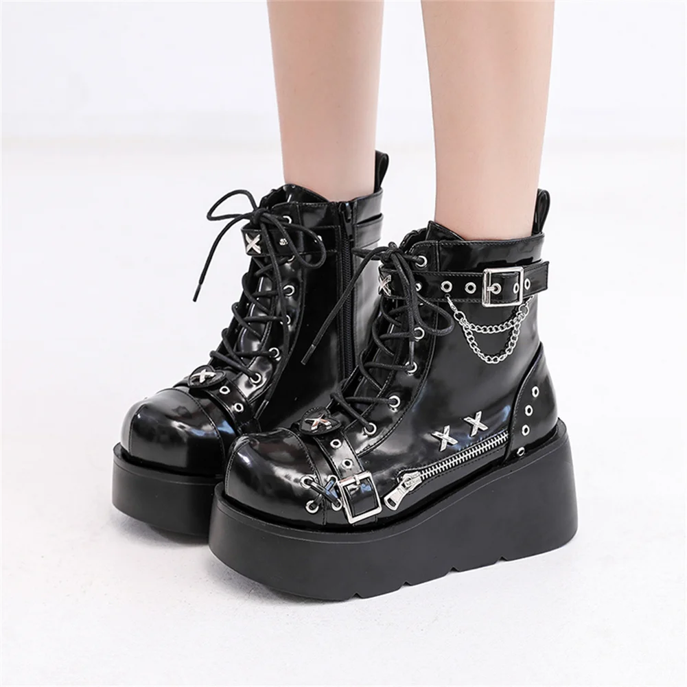 Brand New Ladies Goth Platform Ankle Boots Fashion Buckle Zip Rivet Punk Wedges High Heels Womens Boots Party Street Woman Shoes