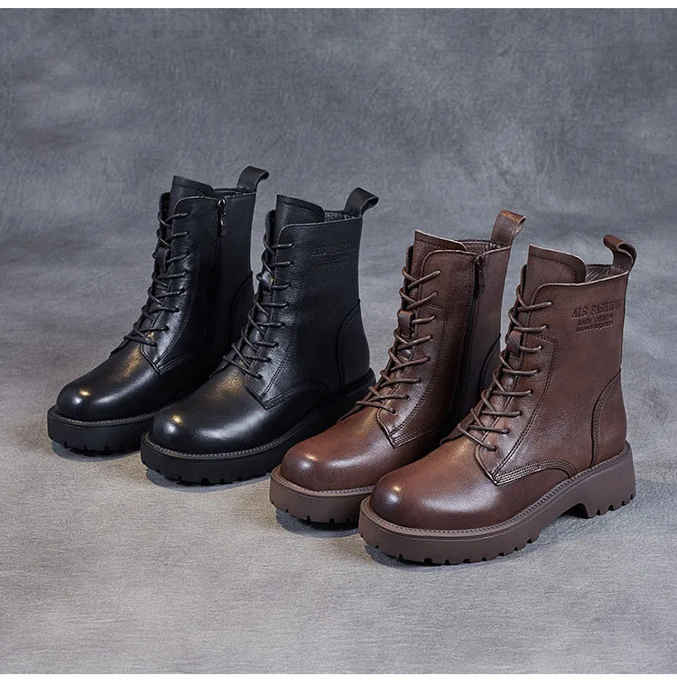 DRKANOL British Style Handmade Retro Winter Women Platform Heel Boots Luxury Full Cow Leather Mid Calf Thick Heel Warm Boots