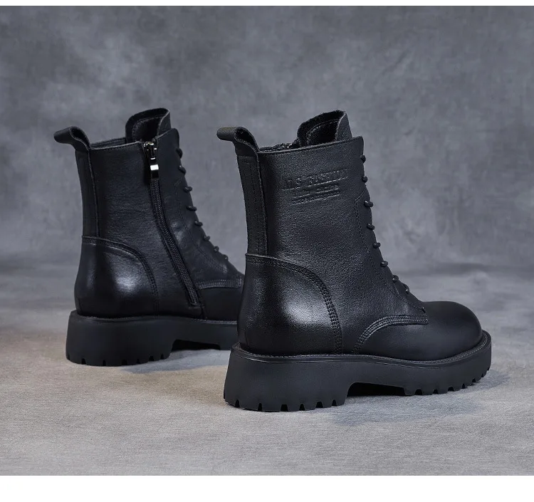 DRKANOL British Style Handmade Retro Winter Women Platform Heel Boots Luxury Full Cow Leather Mid Calf Thick Heel Warm Boots