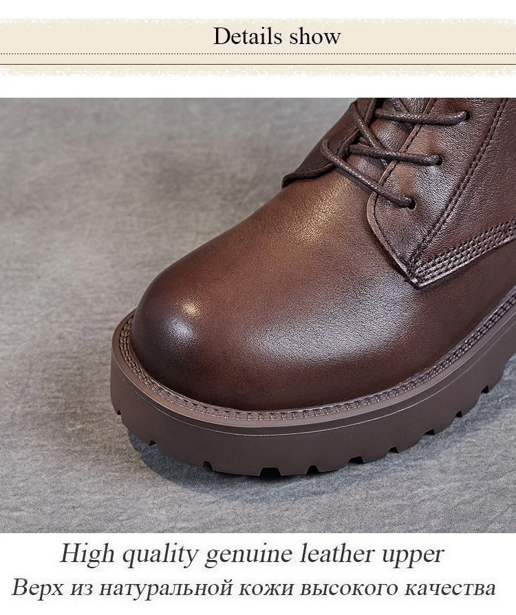 DRKANOL British Style Handmade Retro Winter Women Platform Heel Boots Luxury Full Cow Leather Mid Calf Thick Heel Warm Boots