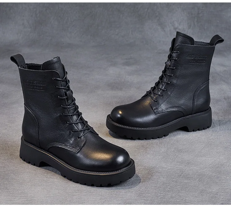 DRKANOL British Style Handmade Retro Winter Women Platform Heel Boots Luxury Full Cow Leather Mid Calf Thick Heel Warm Boots
