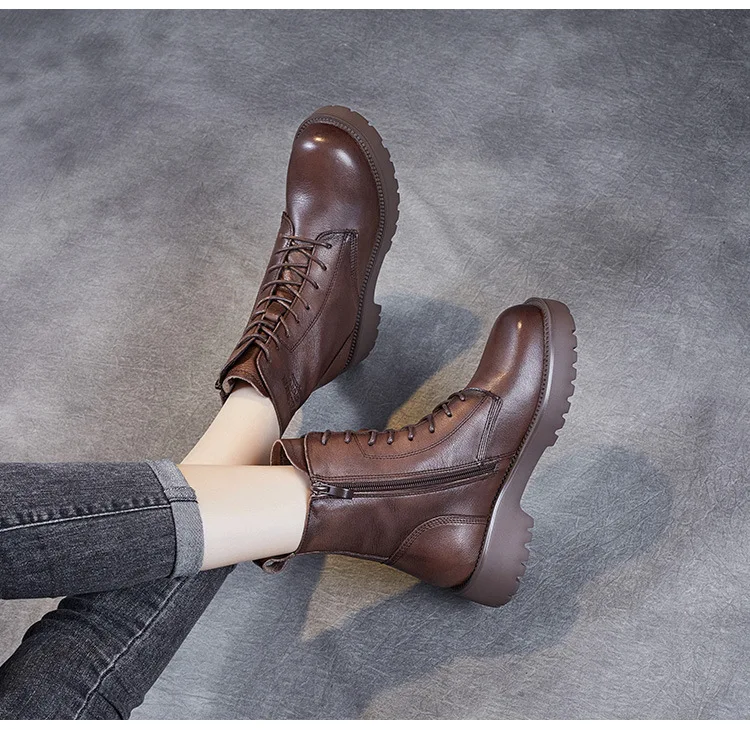DRKANOL British Style Handmade Retro Winter Women Platform Heel Boots Luxury Full Cow Leather Mid Calf Thick Heel Warm Boots