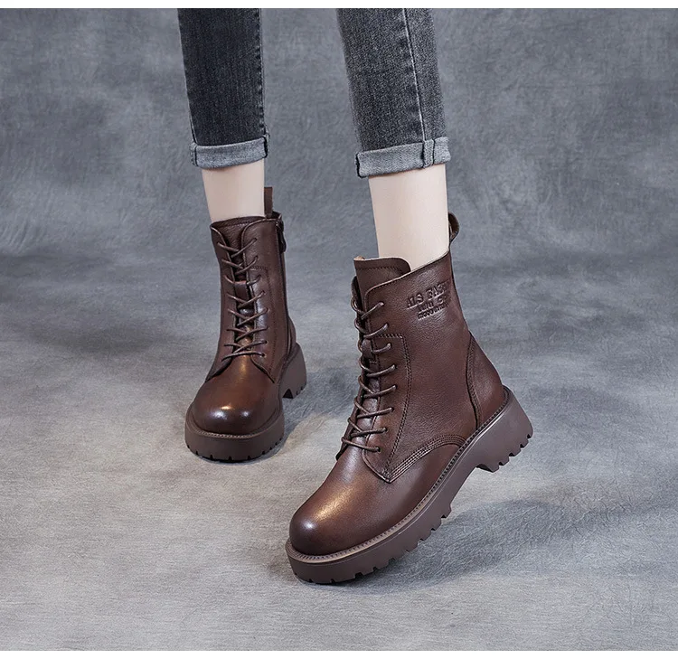 DRKANOL British Style Handmade Retro Winter Women Platform Heel Boots Luxury Full Cow Leather Mid Calf Thick Heel Warm Boots