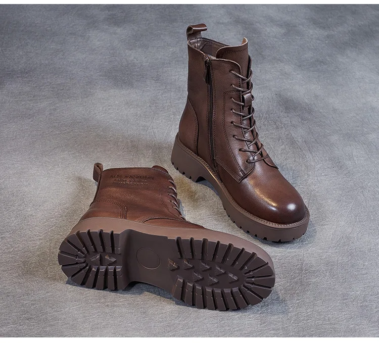 DRKANOL British Style Handmade Retro Winter Women Platform Heel Boots Luxury Full Cow Leather Mid Calf Thick Heel Warm Boots