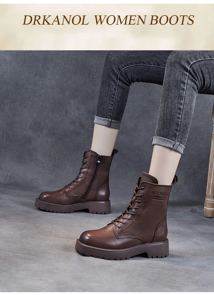 DRKANOL British Style Handmade Retro Winter Women Platform Heel Boots Luxury Full Cow Leather Mid Calf Thick Heel Warm Boots