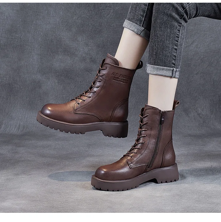 DRKANOL British Style Handmade Retro Winter Women Platform Heel Boots Luxury Full Cow Leather Mid Calf Thick Heel Warm Boots