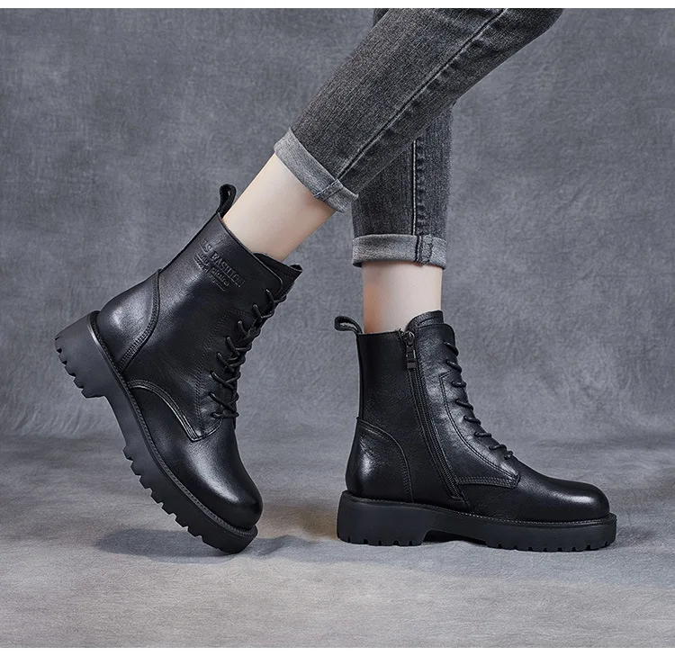 DRKANOL British Style Handmade Retro Winter Women Platform Heel Boots Luxury Full Cow Leather Mid Calf Thick Heel Warm Boots