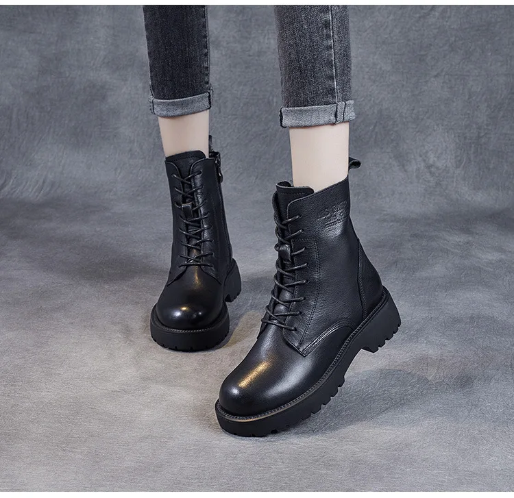 DRKANOL British Style Handmade Retro Winter Women Platform Heel Boots Luxury Full Cow Leather Mid Calf Thick Heel Warm Boots