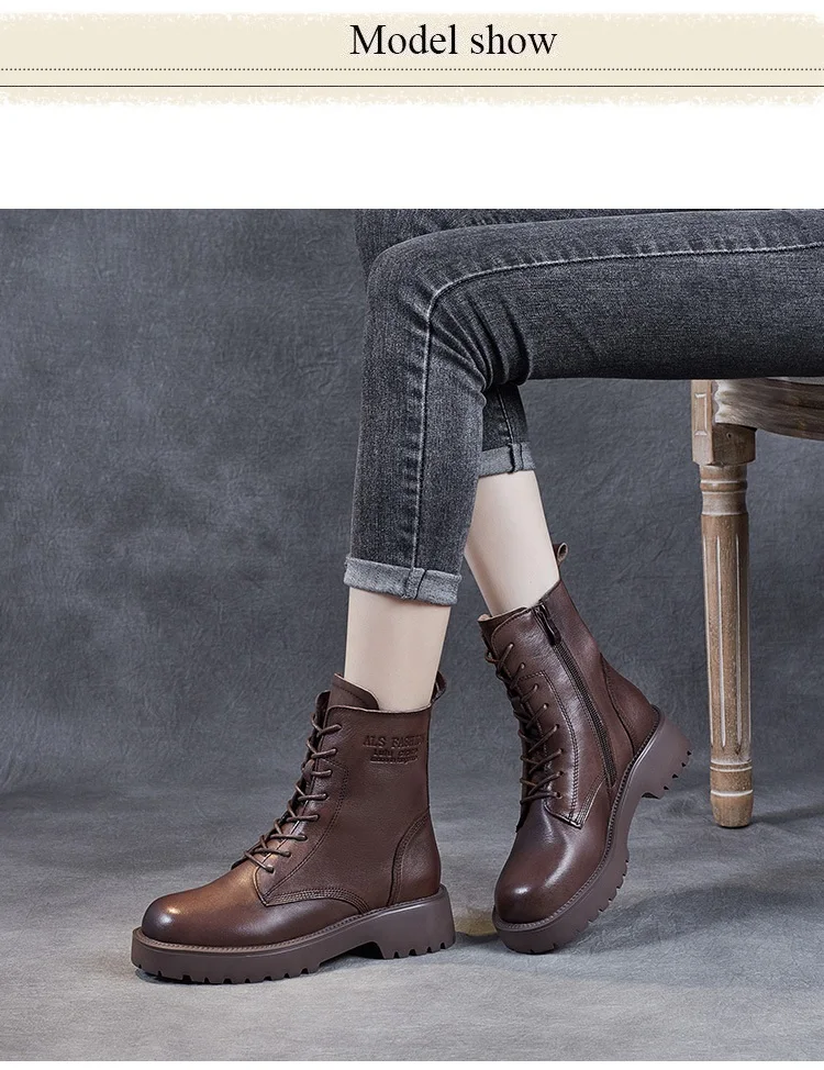 DRKANOL British Style Handmade Retro Winter Women Platform Heel Boots Luxury Full Cow Leather Mid Calf Thick Heel Warm Boots