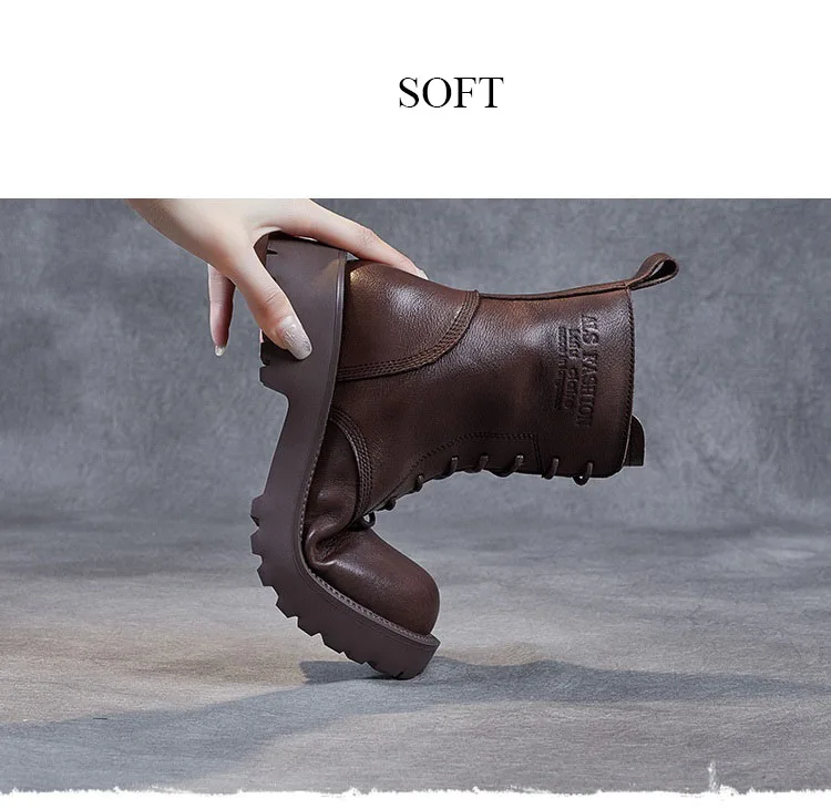 DRKANOL British Style Handmade Retro Winter Women Platform Heel Boots Luxury Full Cow Leather Mid Calf Thick Heel Warm Boots