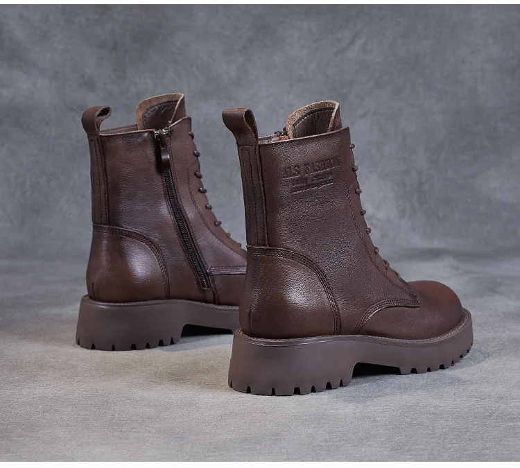 DRKANOL British Style Handmade Retro Winter Women Platform Heel Boots Luxury Full Cow Leather Mid Calf Thick Heel Warm Boots