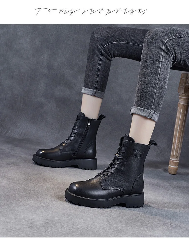 DRKANOL British Style Handmade Retro Winter Women Platform Heel Boots Luxury Full Cow Leather Mid Calf Thick Heel Warm Boots