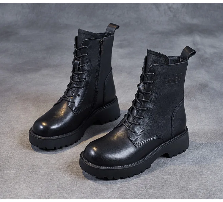 DRKANOL British Style Handmade Retro Winter Women Platform Heel Boots Luxury Full Cow Leather Mid Calf Thick Heel Warm Boots