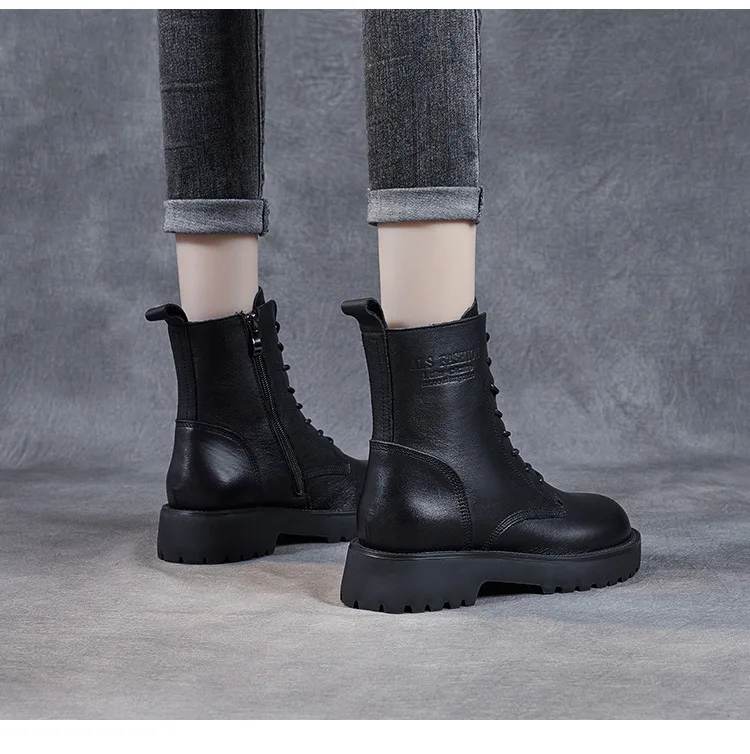 DRKANOL British Style Handmade Retro Winter Women Platform Heel Boots Luxury Full Cow Leather Mid Calf Thick Heel Warm Boots