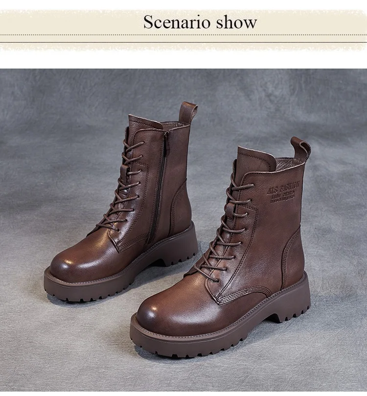 DRKANOL British Style Handmade Retro Winter Women Platform Heel Boots Luxury Full Cow Leather Mid Calf Thick Heel Warm Boots