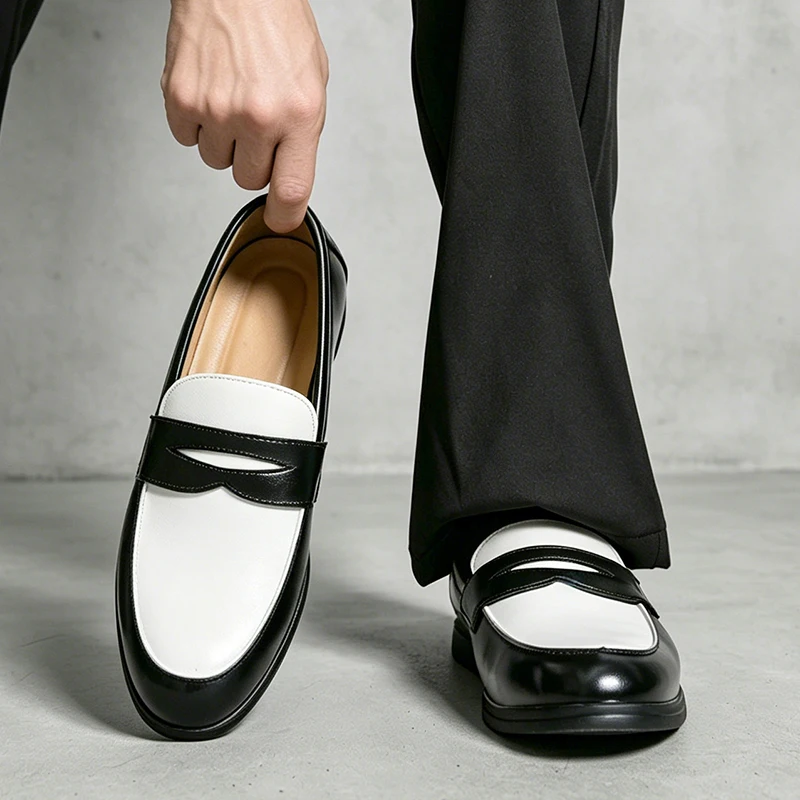 Classic Black and White Men's Comfortable Anti Slip Casual Loafers Fashionable Spring New Men's Breathable Casual Leather Shoes