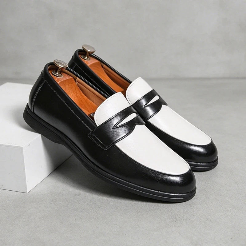 Classic Black and White Men's Comfortable Anti Slip Casual Loafers Fashionable Spring New Men's Breathable Casual Leather Shoes
