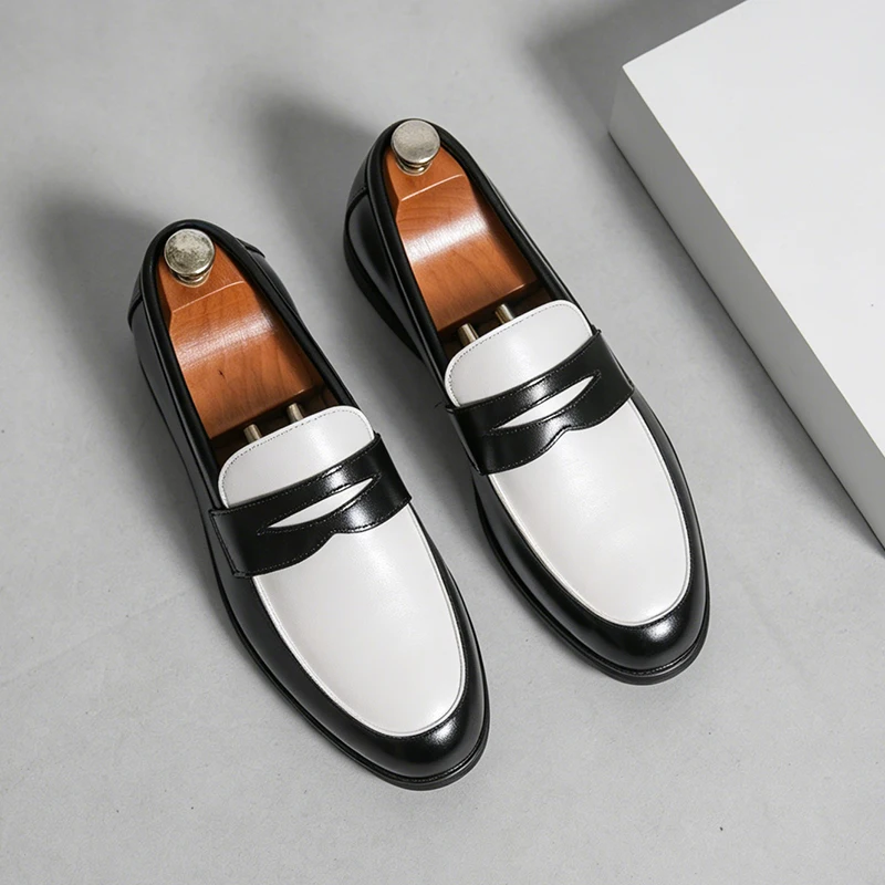 Classic Black and White Men's Comfortable Anti Slip Casual Loafers Fashionable Spring New Men's Breathable Casual Leather Shoes