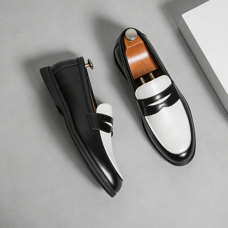 Classic Black and White Men's Comfortable Anti Slip Casual Loafers Fashionable Spring New Men's Breathable Casual Leather Shoes