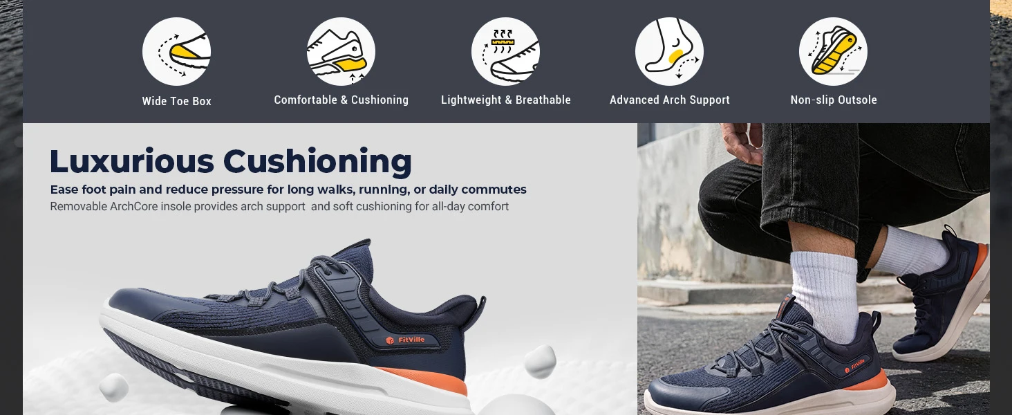 FitVille Men'S Wide Fit Slip-On Walking & Running Sneakers, Breathable Upper With Arch Support Cushioned Insole, Anti-Slip Durable Outsole For Daily Jogging & Gym Workout