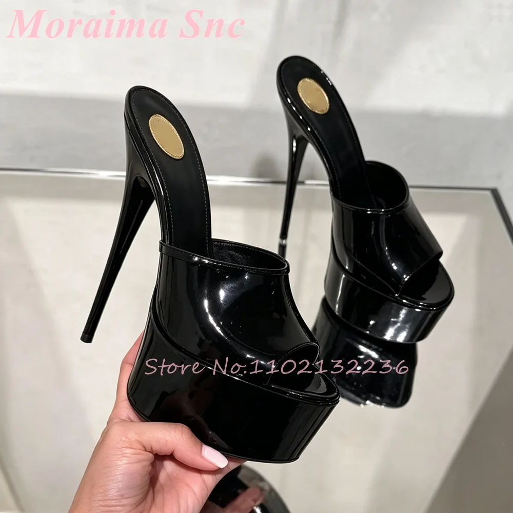 Patent Leather Peep Toe Platform Stiletto Mule Heels Slip On Super Slim High Heel Nightclub Parties Dating Nights Glam Evening