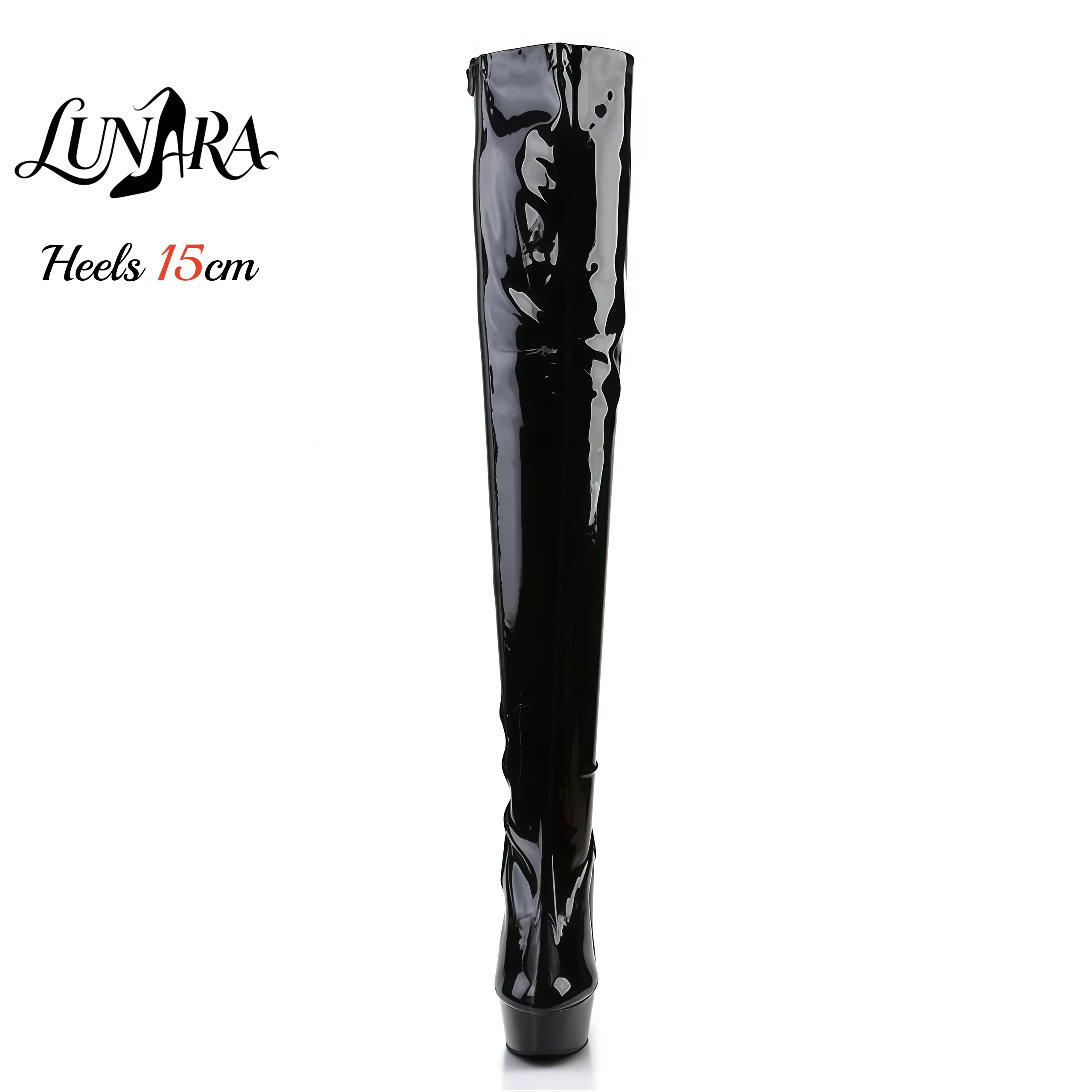 15cm/6Inch Black Patent Platform High Heel Thigh High Boots Lace-Up Zipper Non-slip Nightclub Pole Dance Ladies Rave Stage Goth
