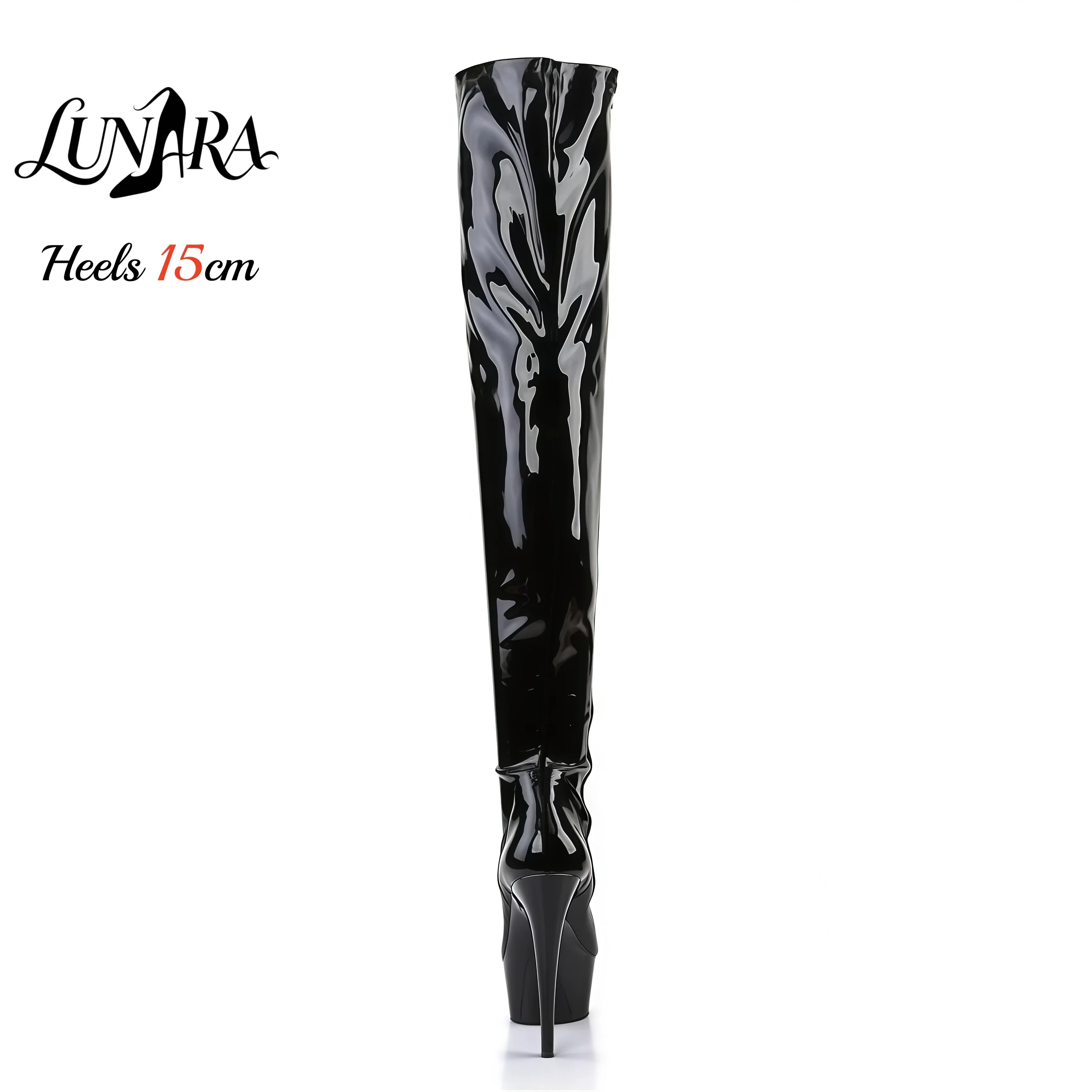 15cm/6Inch Black Patent Platform High Heel Thigh High Boots Lace-Up Zipper Non-slip Nightclub Pole Dance Ladies Rave Stage Goth