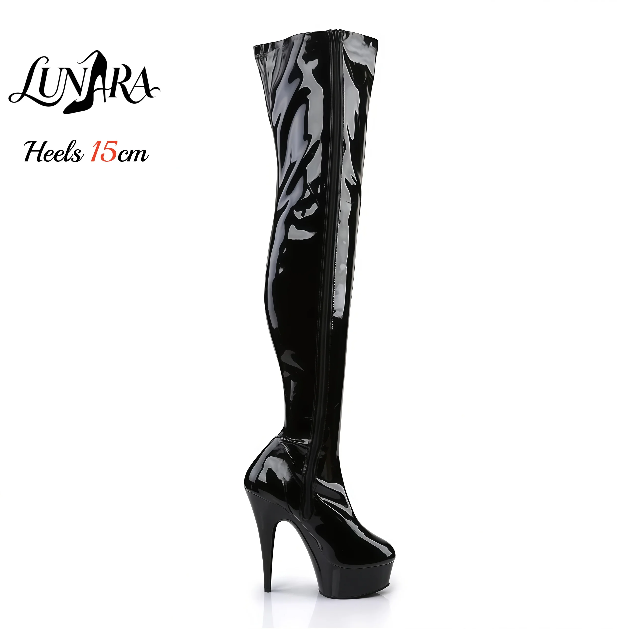 15cm/6Inch Black Patent Platform High Heel Thigh High Boots Lace-Up Zipper Non-slip Nightclub Pole Dance Ladies Rave Stage Goth
