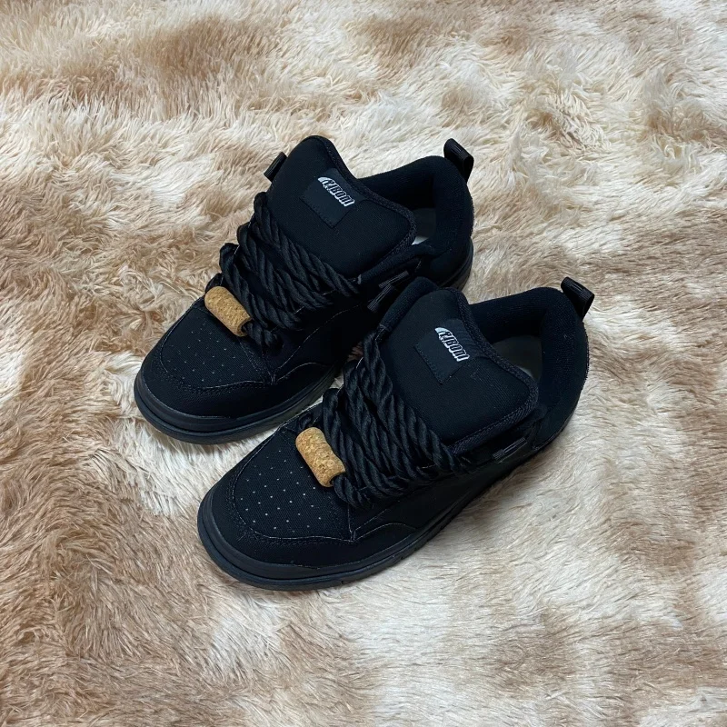 Black Warrior Casual Shoes, Pure Black Men's Shoes for Spring and Summer, Thick Tongue Loafers, Sports Skateboard Shoes, Versatile Street Style, Trendy Student Retro Outdoor Sneakers