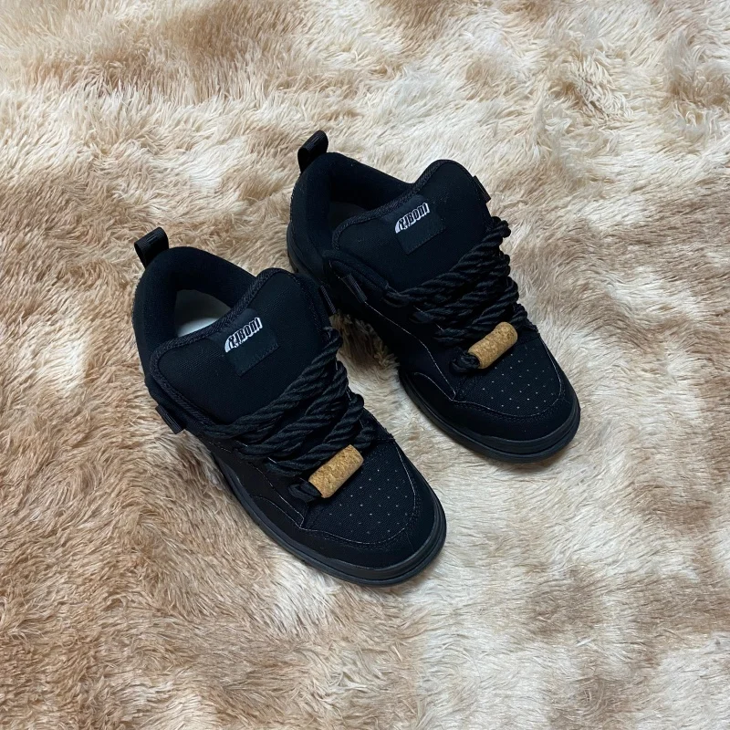 Black Warrior Casual Shoes, Pure Black Men's Shoes for Spring and Summer, Thick Tongue Loafers, Sports Skateboard Shoes, Versatile Street Style, Trendy Student Retro Outdoor Sneakers